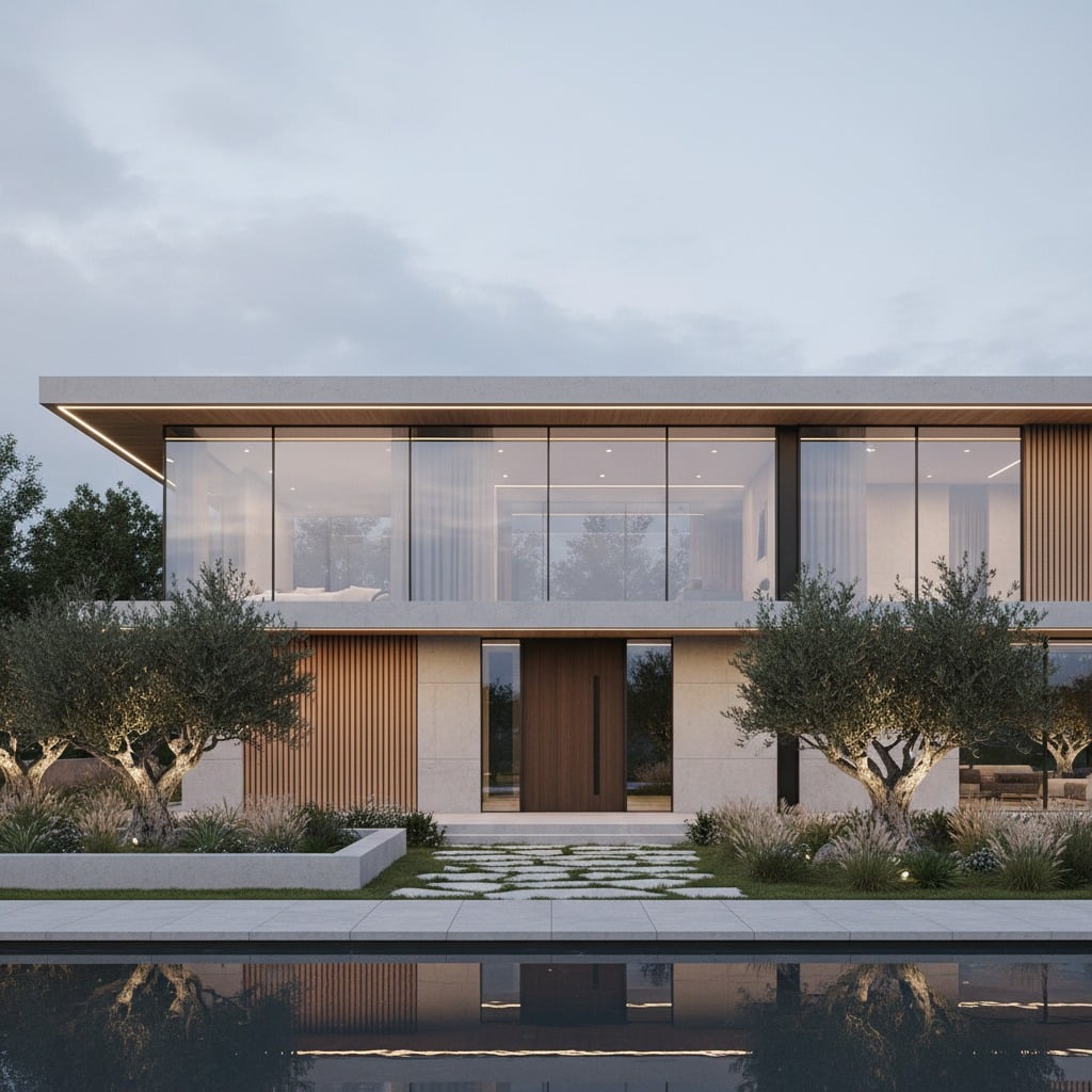 Moderne villa i to etager med store glaspartier, trædetaljer og oplyste oliventræer foran en spejlblank pool.